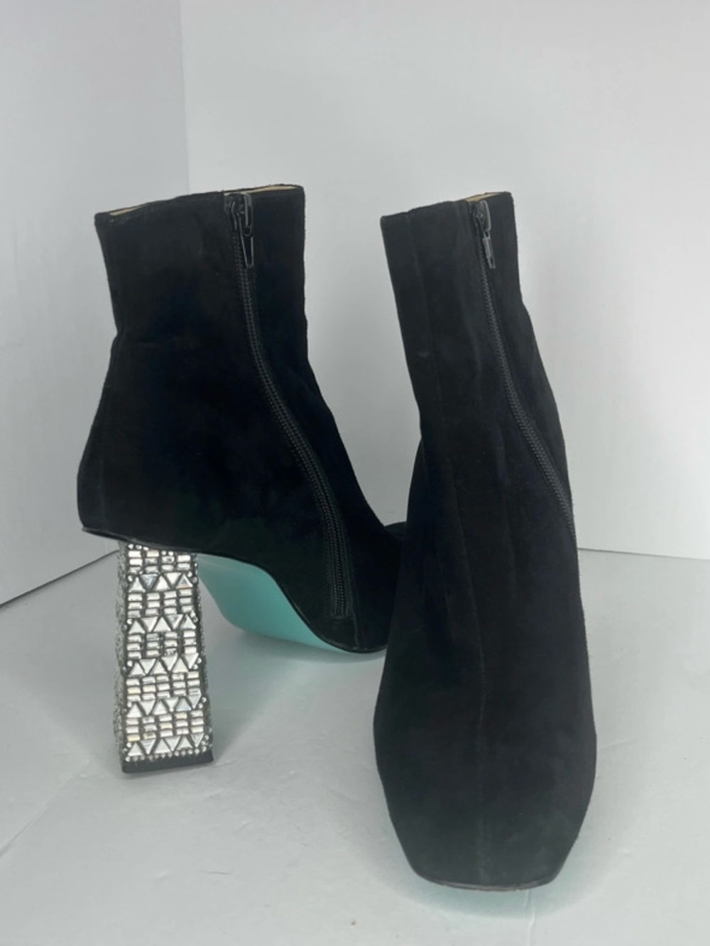 Betsey Johnson Black Suede Ankle Boots with Jeweled Block Heel